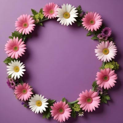 A Floral Frame With Pink Purple And White Daisies Or Gerbera Flowers Surrounded By Green Leaves And Stems 15 A717