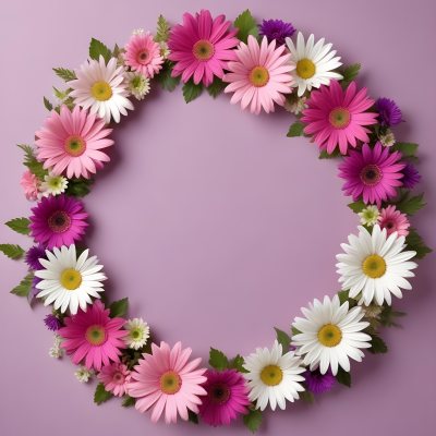 A Floral Frame With Pink Purple And White Daisies Or Gerbera Flowers Surrounded By Green Leaves And Stems 17 B921
