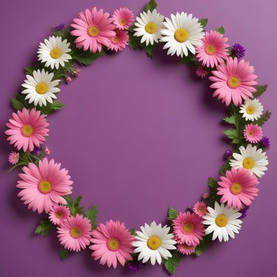 A Floral Frame With Pink Purple And White Daisies Or Gerbera Flowers Surrounded By Green Leaves And Stems 3 4aa7