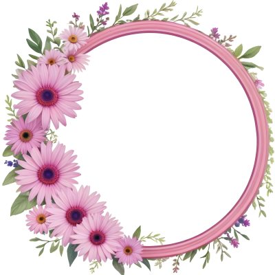 A Floral Frame With Pink Purple And White Daisies Or Gerbera Flowers Surrounded By Green Leaves And Stems 4 9c2e