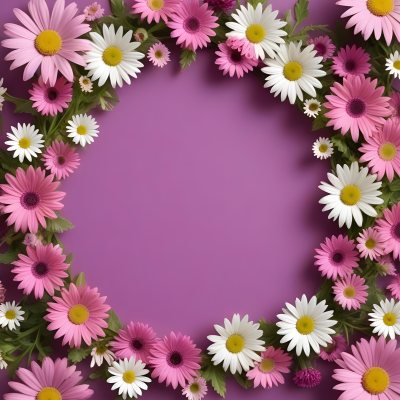 A Floral Frame With Pink Purple And White Daisies Or Gerbera Flowers Surrounded By Green Leaves And Stems 5 Fd17
