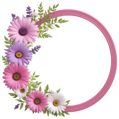 A Floral Frame With Pink Purple And White Daisies Or Gerbera Flowers Surrounded By Green Leaves And Stems 6 B6b1