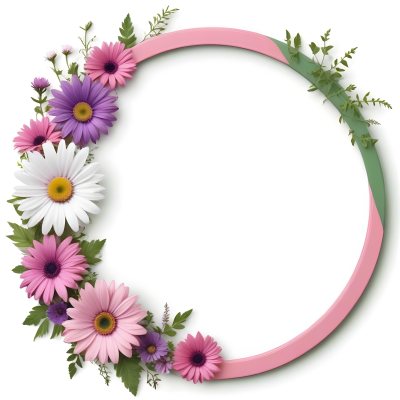 A Floral Frame With Pink Purple And White Daisies Or Gerbera Flowers Surrounded By Green Leaves And Stems 7 F8af
