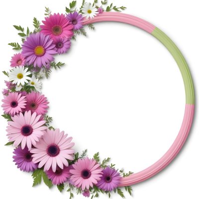 A Floral Frame With Pink Purple And White Daisies Or Gerbera Flowers Surrounded By Green Leaves And Stems 9 4dbe
