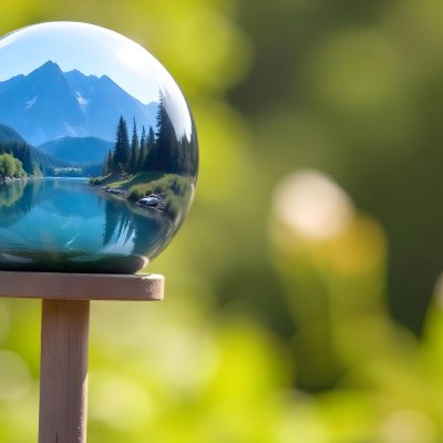 A Glass Sphere Reflecting A Scenic Landscape With Mountains A Lake And Pine Trees In The Background With A Blurred Green Foreground 22