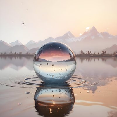 A Glass Sphere Reflecting The Sunset On A Body Of Water With Water Droplets On The Surface Surrounded By Mountains During Dusk With Clear Skies 13 413c