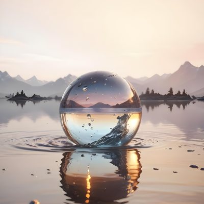 A Glass Sphere Reflecting The Sunset On A Body Of Water With Water Droplets On The Surface Surrounded By Mountains During Dusk With Clear Skies 14 7adf