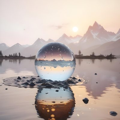 A Glass Sphere Reflecting The Sunset On A Body Of Water With Water Droplets On The Surface Surrounded By Mountains During Dusk With Clear Skies 19 B41c