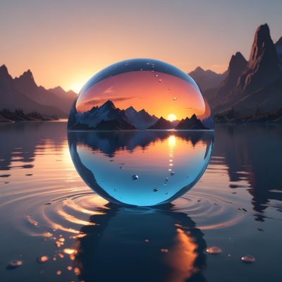 A Glass Sphere Reflecting The Sunset On A Body Of Water With Water Droplets On The Surface Surrounded By Mountains During Dusk With Clear Skies 25 2290