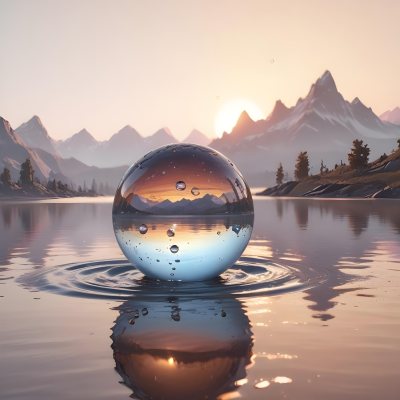 A Glass Sphere Reflecting The Sunset On A Body Of Water With Water Droplets On The Surface Surrounded By Mountains During Dusk With Clear Skies 26 3f79