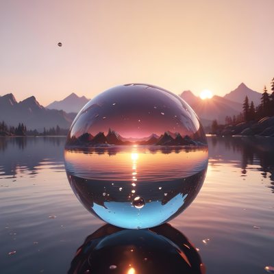 A Glass Sphere Reflecting The Sunset On A Body Of Water With Water Droplets On The Surface Surrounded By Mountains During Dusk With Clear Skies 29 C6fb