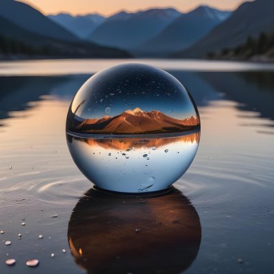 A Glass Sphere Reflecting The Sunset On A Body Of Water With Water Droplets On The Surface Surrounded By Mountains During Dusk With Clear Skies 33 51d8