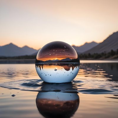A Glass Sphere Reflecting The Sunset On A Body Of Water With Water Droplets On The Surface Surrounded By Mountains During Dusk With Clear Skies 40 6fd9
