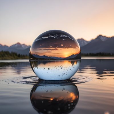 A Glass Sphere Reflecting The Sunset On A Body Of Water With Water Droplets On The Surface Surrounded By Mountains During Dusk With Clear Skies 42 Fab4
