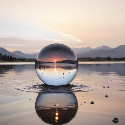 A Glass Sphere Reflecting The Sunset On A Body Of Water With Water Droplets On The Surface Surrounded By Mountains During Dusk With Clear Skies 46 0027