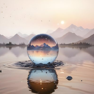 A Glass Sphere Reflecting The Sunset On A Body Of Water With Water Droplets On The Surface Surrounded By Mountains During Dusk With Clear Skies 7 E92c