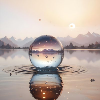 A Glass Sphere Reflecting The Sunset On A Body Of Water With Water Droplets On The Surface Surrounded By Mountains During Dusk With Clear Skies 8 Fb46