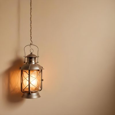 A Hanging Lantern With A Warm Glowing Light Against A Plain Beige Wall 40 3a38