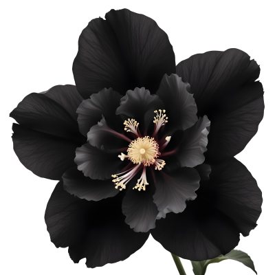 A Large Black Flower With Delicate White Edges Resembling A Hibiscus Or Peony The Petals Have A Velvety Textured Appearance And The Center Contains A Cluster Of Small Dark Stamens 1 379c