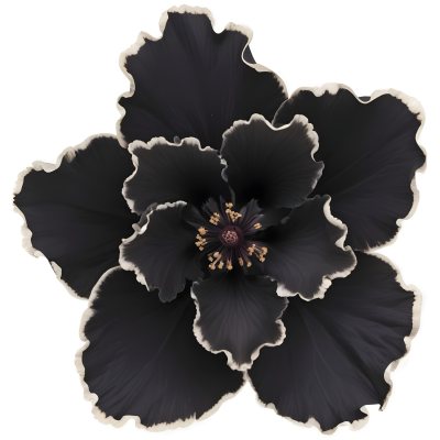 A Large Black Flower With Delicate White Edges Resembling A Hibiscus Or Peony The Petals Have A Velvety Textured Appearance And The Center Contains A Cluster Of Small Dark Stamens 11 49e0
