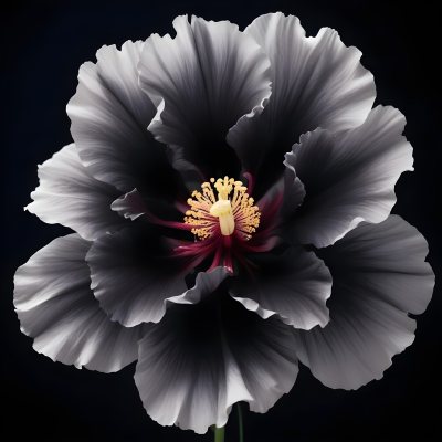 A Large Black Flower With Delicate White Edges Resembling A Hibiscus Or Peony The Petals Have A Velvety Textured Appearance And The Center Contains A Cluster Of Small Dark Stamens 2 9d5c