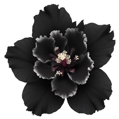 A Large Black Flower With Delicate White Edges Resembling A Hibiscus Or Peony The Petals Have A Velvety Textured Appearance And The Center Contains A Cluster Of Small Dark Stamens 3 D9b5