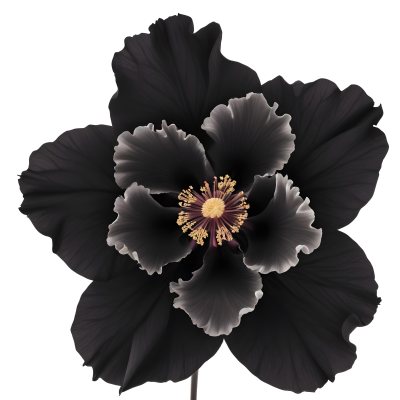 A Large Black Flower With Delicate White Edges Resembling A Hibiscus Or Peony The Petals Have A Velvety Textured Appearance And The Center Contains A Cluster Of Small Dark Stamens 4 Bbb0
