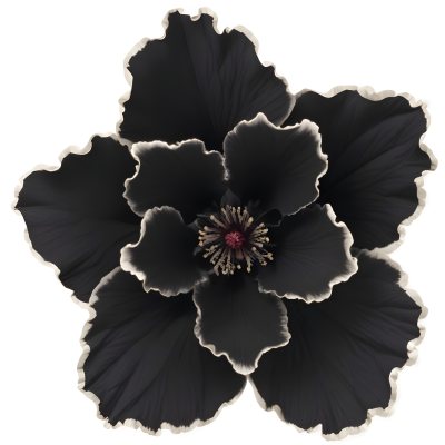 A Large Black Flower With Delicate White Edges Resembling A Hibiscus Or Peony The Petals Have A Velvety Textured Appearance And The Center Contains A Cluster Of Small Dark Stamens 8 6d2d