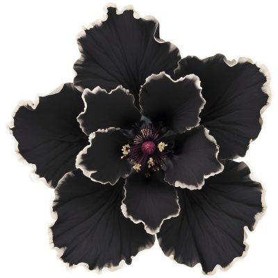 A Large Black Flower With Delicate White Edges Resembling A Hibiscus Or Peony The Petals Have A Velvety Textured Appearance And The Center Contains A Cluster Of Small Dark Stamens 9 68d7