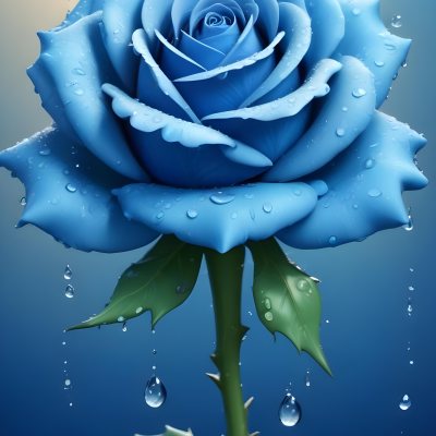 A Large Blue Rose With Delicate Petals Against A Dark Blue Background With Water Droplets The Rose Has Green Leaves And Stems 45 9c82