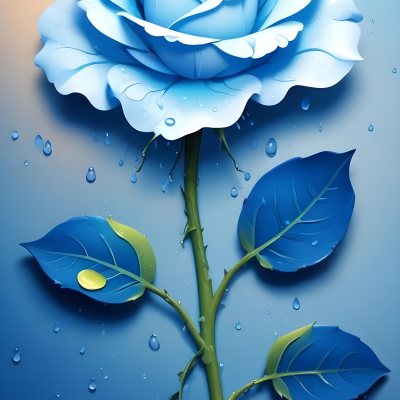 A Large Blue Rose With Delicate Petals Against A Dark Blue Background With Water Droplets The Rose Has Green Leaves And Stems 5 Ac96