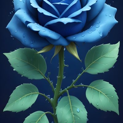 A Large Blue Rose With Delicate Petals Against A Dark Blue Background With Water Droplets The Rose Has Green Leaves And Stems 51 9cf1