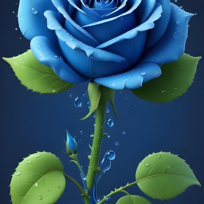 A Large Blue Rose With Delicate Petals Against A Dark Blue Background With Water Droplets The Rose Has Green Leaves And Stems 61 B9dc