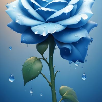 A Large Blue Rose With Delicate Petals Against A Dark Blue Background With Water Droplets The Rose Has Green Leaves And Stems 72 4ded
