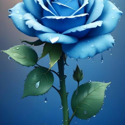 A Large Blue Rose With Delicate Petals Against A Dark Blue Background With Water Droplets The Rose Has Green Leaves And Stems 73 B7b0