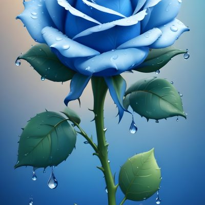 A Large Blue Rose With Delicate Petals Against A Dark Blue Background With Water Droplets The Rose Has Green Leaves And Stems 76 300c