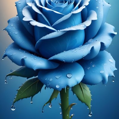 A Large Blue Rose With Delicate Petals Against A Dark Blue Background With Water Droplets The Rose Has Green Leaves And Stems 79 Ddbf