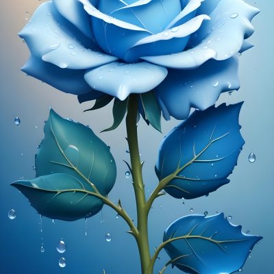 A Large Blue Rose With Delicate Petals Against A Dark Blue Background With Water Droplets The Rose Has Green Leaves And Stems 82 F5ee