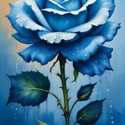 A Large Blue Rose With Delicate Petals Against A Dark Blue Background With Water Droplets The Rose Has Green Leaves And Stems 84 34c1