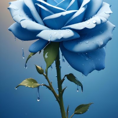A Large Blue Rose With Delicate Petals Against A Dark Blue Background With Water Droplets The Rose Has Green Leaves And Stems 89 5671