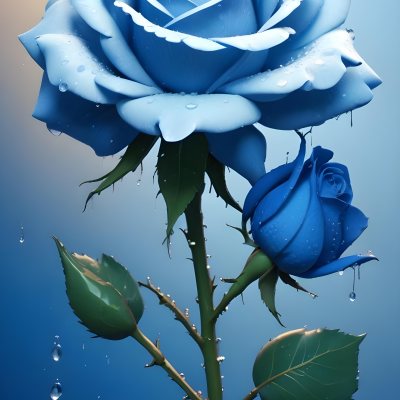 A Large Blue Rose With Delicate Petals Against A Dark Blue Background With Water Droplets The Rose Has Green Leaves And Stems 91 43a7