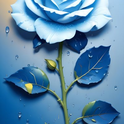 A Large Blue Rose With Delicate Petals Against A Dark Blue Background With Water Droplets The Rose Has Green Leaves And Stems 94 Ea18