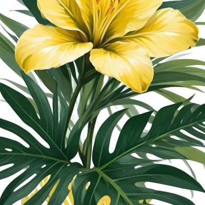 A Large Yellow And Green Flower With Long Green Leaves Likely A Tulip Or Similar Flower The Flower Has A Vibrant Detailed Appearance With Intricate Petals And A Prominent Center The Background 9 0b49