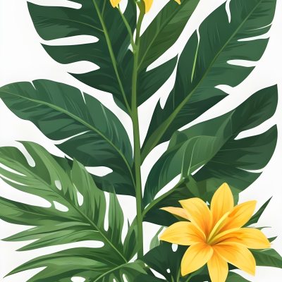 A Large Yellow And Green Flower With Long Green Leaves Likely A Tulip Or Similar Flower The Flower Has A Vibrant Detailed Appearance With Intricate Petals And A Prominent Center The Background 92 Db86
