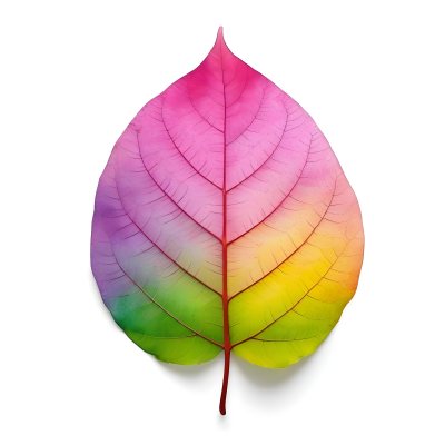 A Leaf With Vibrant Rainbow Colors Transitioning From Pink To Yellow With Detailed Veins Isolated On A Clean White Background Showcasing Its Unique And Colorful Appearance 20 5da0