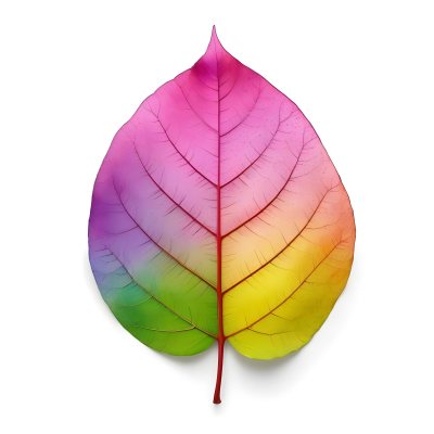 A Leaf With Vibrant Rainbow Colors Transitioning From Pink To Yellow With Detailed Veins Isolated On A Clean White Background Showcasing Its Unique And Colorful Appearance 22 107a