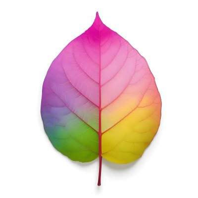 A Leaf With Vibrant Rainbow Colors Transitioning From Pink To Yellow With Detailed Veins Isolated On A Clean White Background Showcasing Its Unique And Colorful Appearance 28 Ef5e