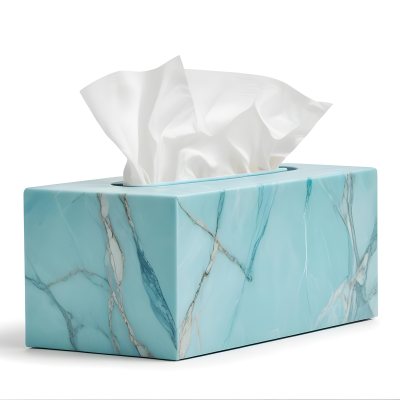 A Light Blue Tissue Box With A Marble Pattern Filled With White Tissues Sitting On A White Surface With A White Background 11 9476