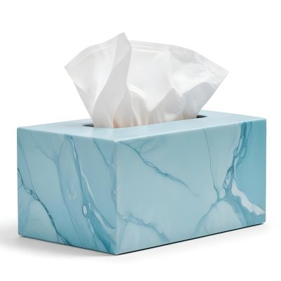 A Light Blue Tissue Box With A Marble Pattern Filled With White Tissues Sitting On A White Surface With A White Background 18 Dc67