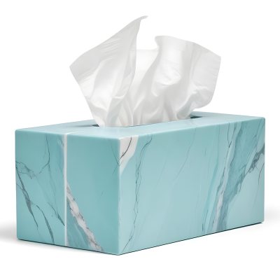 A Light Blue Tissue Box With A Marble Pattern Filled With White Tissues Sitting On A White Surface With A White Background 21 3a3f